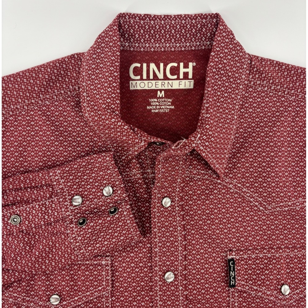 Cinch Long Sleeve Pearl Snap Western Shirt Men's Medium Modern Fit Red Geometric